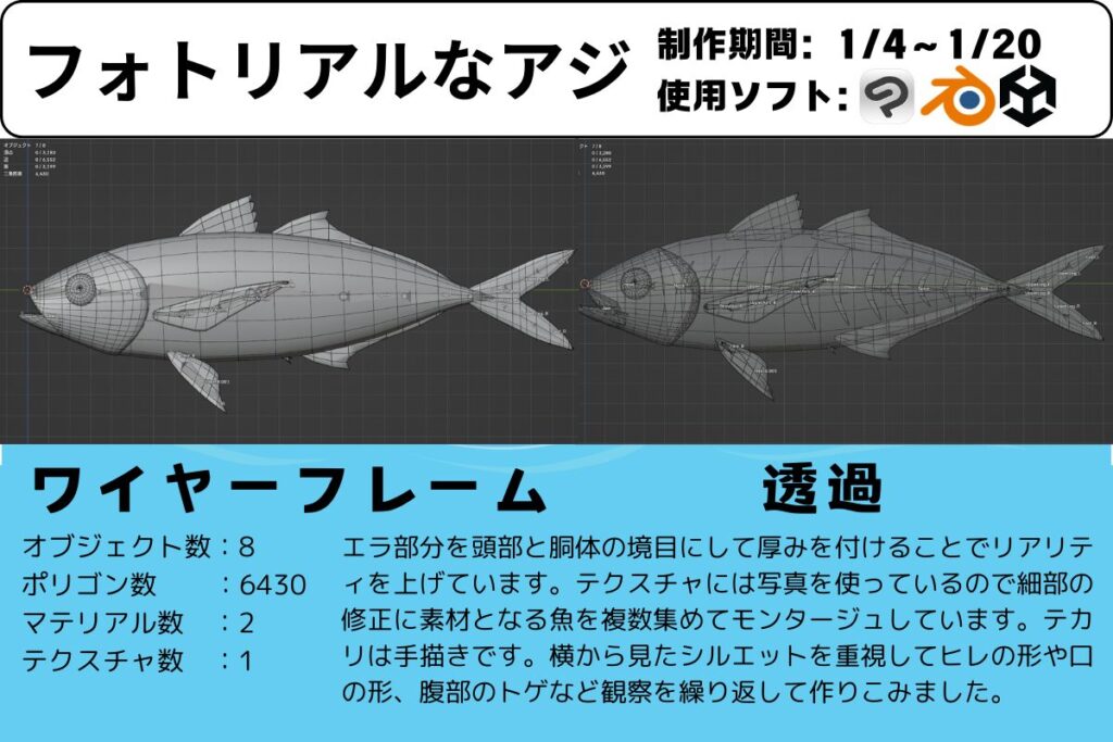 ポートフォリオフォトリアルなアジのワイヤーフレーム紹介画像